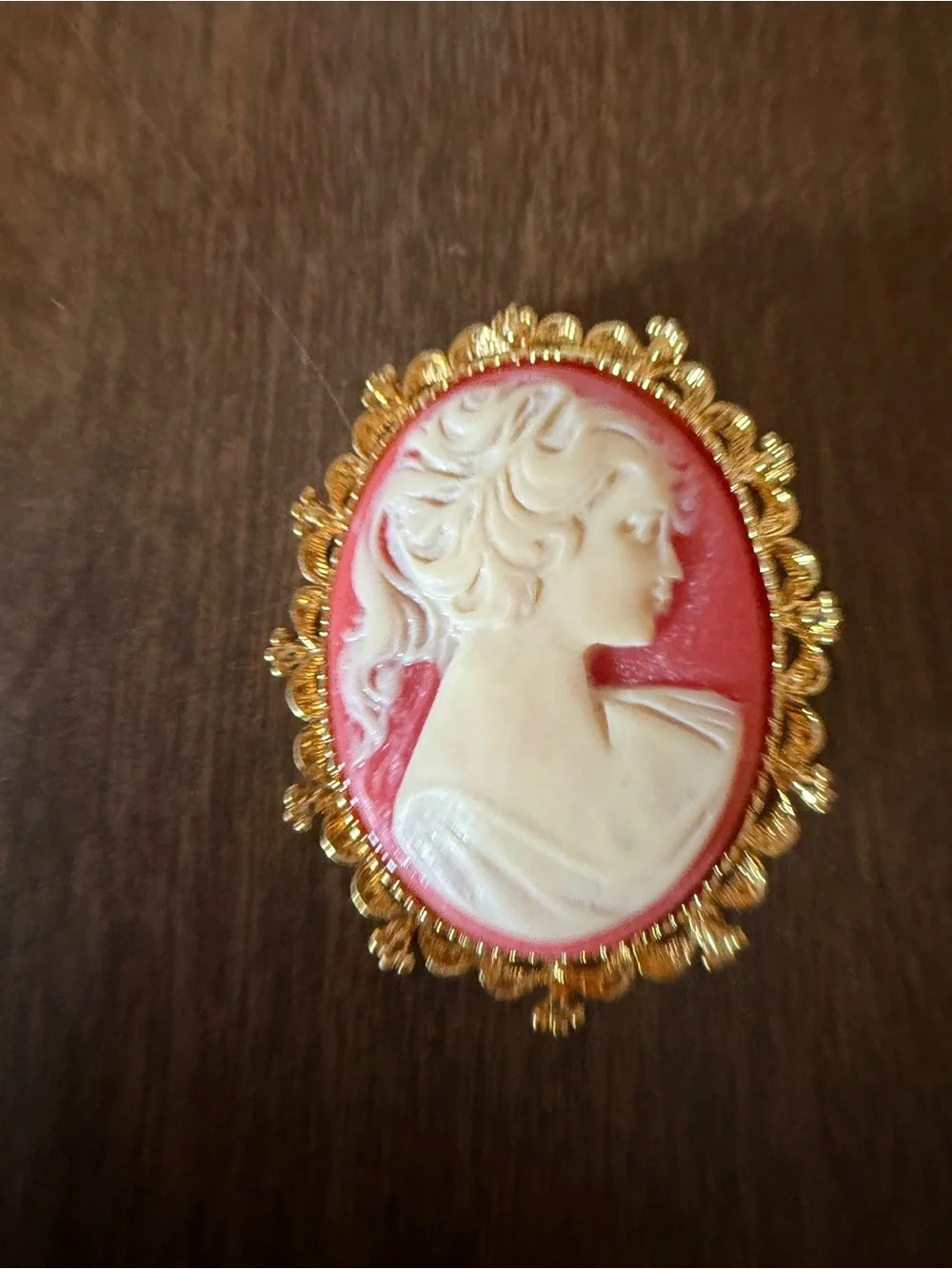 Vintage New View Cameo Pin Brooch Gold Tone Pink White Lady